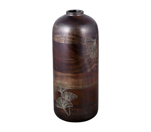 Large Wooden Vase with Brass Detailing